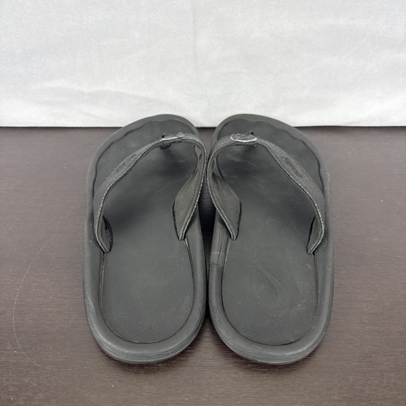 Olukai Ohana Sandals Women's Size‎ 8/8.5? Black Leather Rubber Flip Flops Summer - Picture 4 of 10